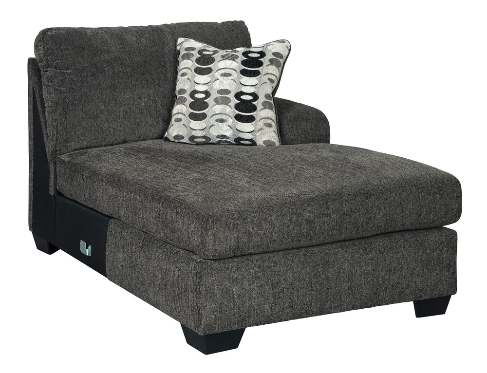 This right-arm facing corner chaise is made with polyester upholstery. Pairs with other items in the series to make a sectional.<br><br><b>Additional Dimensions</b><br><ul><li>Arm height: 25-"</li><li>Leg height: 3.5-"</li><li>Minimum width of doorway for