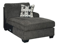 This right-arm facing corner chaise is made with polyester upholstery. Pairs with other items in the series to make a sectional.<br><br><b>Additional Dimensions</b><br><ul><li>Arm height: 25-"</li><li>Leg height: 3.5-"</li><li>Minimum width of doorway for