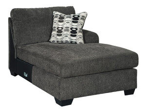 This right-arm facing corner chaise is made with polyester upholstery. Pairs with other items in the series to make a sectional.<br><br><b>Additional Dimensions</b><br><ul><li>Arm height: 25-"</li><li>Leg height: 3.5-"</li><li>Minimum width of doorway for