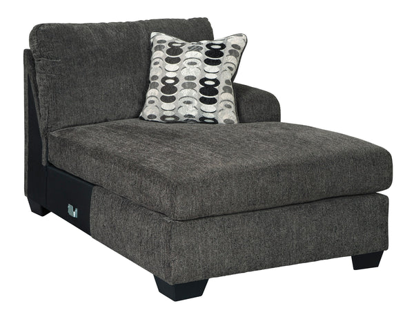This right-arm facing corner chaise is made with polyester upholstery. Pairs with other items in the series to make a sectional.<br><br><b>Additional Dimensions</b><br><ul><li>Arm height: 25-"</li><li>Leg height: 3.5-"</li><li>Minimum width of doorway for