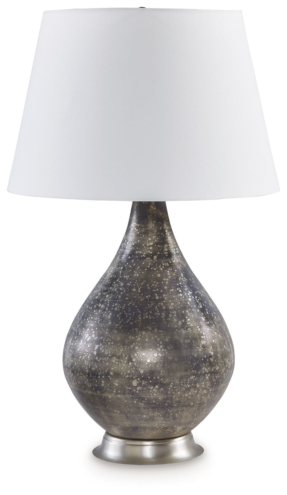 Distressed glass gives this table lamp an industrial look, while the traditional silhouette keeps it classic. Crafted of mercury glass, its urn-shaped body and free-form antiqued finish convey a vintage aesthetic. An empire shade enhances the designâ€™s t