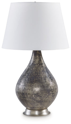 Distressed glass gives this table lamp an industrial look, while the traditional silhouette keeps it classic. Crafted of mercury glass, its urn-shaped body and free-form antiqued finish convey a vintage aesthetic. An empire shade enhances the designâ€™s t