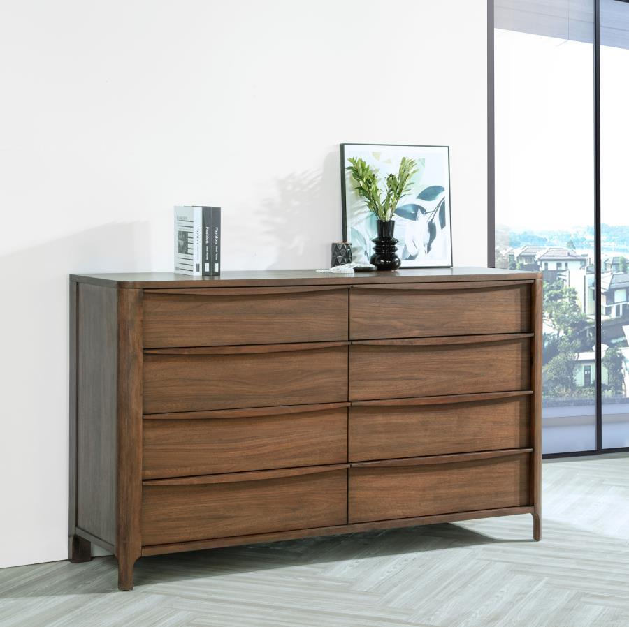 Introduce abundant storage and plenty of style to your bedroom with this transitional eight-drawer dresser. It delivers plenty of easy organization for clothing and accessories with drawers that include cedar lining for protection and felt lining in its t