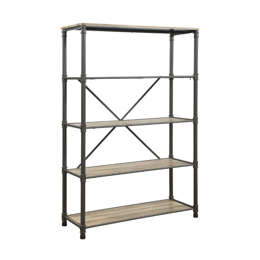 The Itzel Bookcase is functionally designed with an attractive classic antique oak & sandy gray finish to enhance your Decor. Organize your essentials with this unique, stylish bookcase. Different level contoured shelves and a versatile construction highl