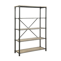 The Itzel Bookcase is functionally designed with an attractive classic antique oak & sandy gray finish to enhance your Decor. Organize your essentials with this unique, stylish bookcase. Different level contoured shelves and a versatile construction highl