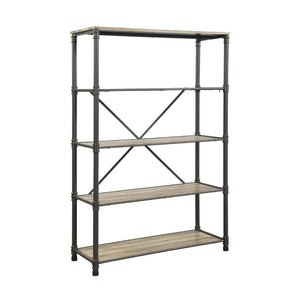 The Itzel Bookcase is functionally designed with an attractive classic antique oak & sandy gray finish to enhance your Decor. Organize your essentials with this unique, stylish bookcase. Different level contoured shelves and a versatile construction highl
