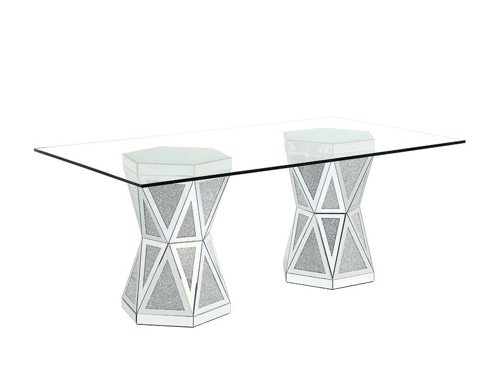 Shine and polish your dining room with pure glamour with the Noralie dining table. Tempered glass and mirrored panels create a sophisticated elegance while the faux diamonds add the perfect finishing touch to this luxurious dining set. Rest upon tufted ch