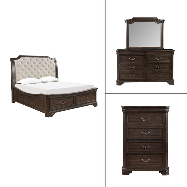 Discover the Lyndhurst 4 Piece Bedroom Set, a testament to enduring craftsmanship and timeless style. This set includes a magnificent bed, 6-drawer dresser, mirror, and 5-drawer chest, all in rich walnut brown. Crafted from solid Acacia, Acacia veneers, a