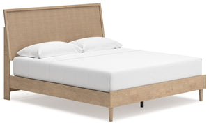 Clean-lined and contemporaryâ€”but far from starkâ€”this king panel bed is a fresh style awakening. Pairing a light finish with replicated oak grain and textured beige details that replicate the look of cane, its mixed materials bring a naturally versatil