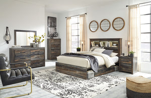 When merged in just the right way, rustic and industrial styles can make one happy marriage. Case in point: this bookcase bedroom group with storage. A refined take on barn board beauty, its complex, replicated wood grain showcases hints of burnt orange a