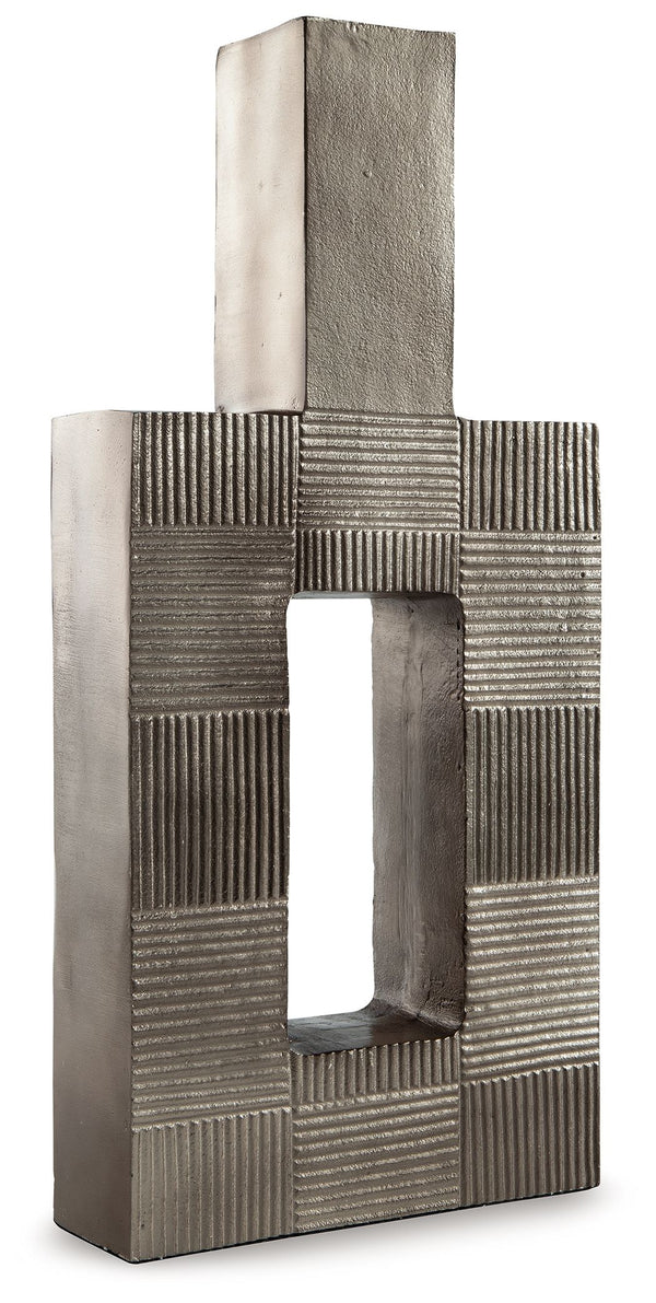 Stunning from all angles, this vase-'s contemporary geometric form acts as a captivating focal point for your mantle or bookshelf. Its antiqued nickel-tone body is detailed with subtle texture for added visual appeal. What a perfect fit for those seeking 