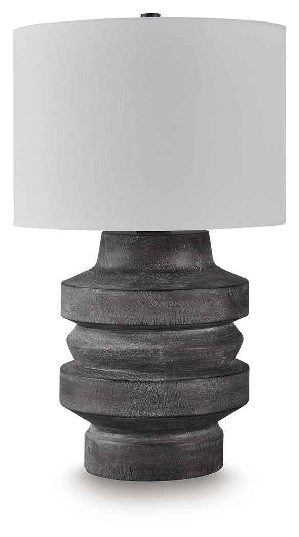 With this table lamp, you-'ll find an expert balance of modern design and casual function. Its distressed black faux wood finish captures the essence of natural motifs while maintaining a curated sense of character. What an artistic approach to everyday i