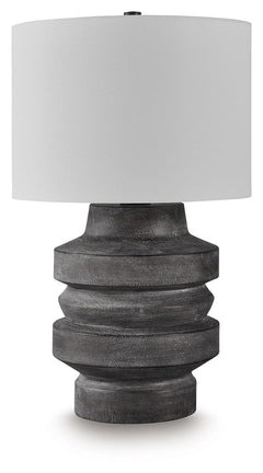 With this table lamp, you-'ll find an expert balance of modern design and casual function. Its distressed black faux wood finish captures the essence of natural motifs while maintaining a curated sense of character. What an artistic approach to everyday i