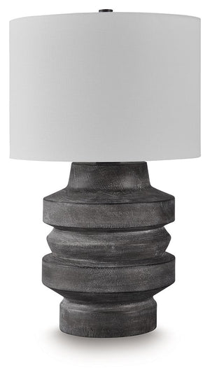 With this table lamp, you-'ll find an expert balance of modern design and casual function. Its distressed black faux wood finish captures the essence of natural motifs while maintaining a curated sense of character. What an artistic approach to everyday i
