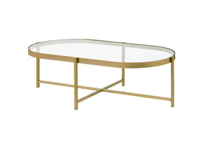 Simple design exhibits a real sense of style. The Charrot Coffee Table has a tempered glass top with oval shape design to give you a clean, spacious table top space. The lustrous gold finish showcases it-'s cross metal base and metal trim for a clean-line