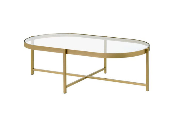Simple design exhibits a real sense of style. The Charrot Coffee Table has a tempered glass top with oval shape design to give you a clean, spacious table top space. The lustrous gold finish showcases it-'s cross metal base and metal trim for a clean-line
