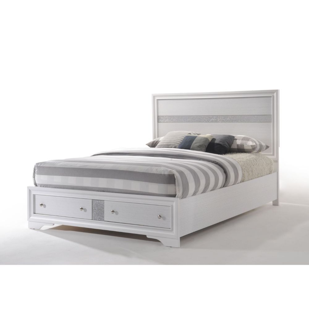 The Naima bedroom collection offers sophisticated look, clean lines and contemporary style. Features panel headboard, and storage footboard in bright white finish with contrasting light gray trim panel, which provides elegant style that will bring you a p