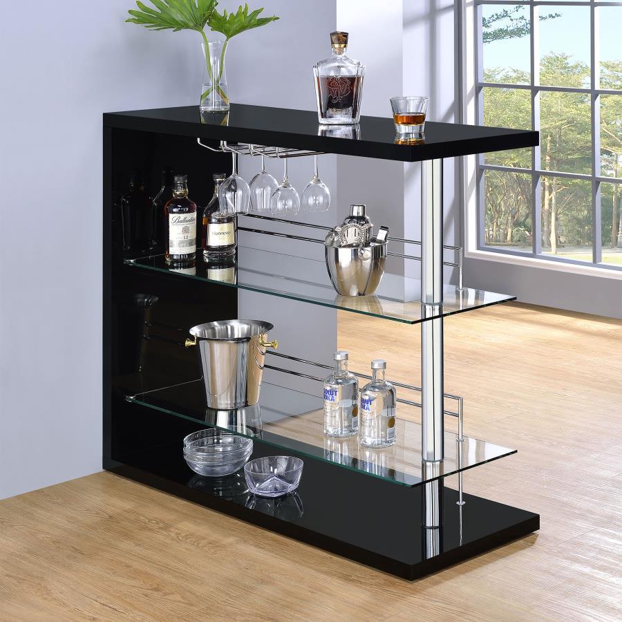 If you love to entertain, you-'ll love the charm and convenience of this fabulous, contemporary bar unit. With a sleek, stylish design, it looks elegant in a dining area or recreation room. Complete with a gorgeous gloss black finish and shining chrome ac