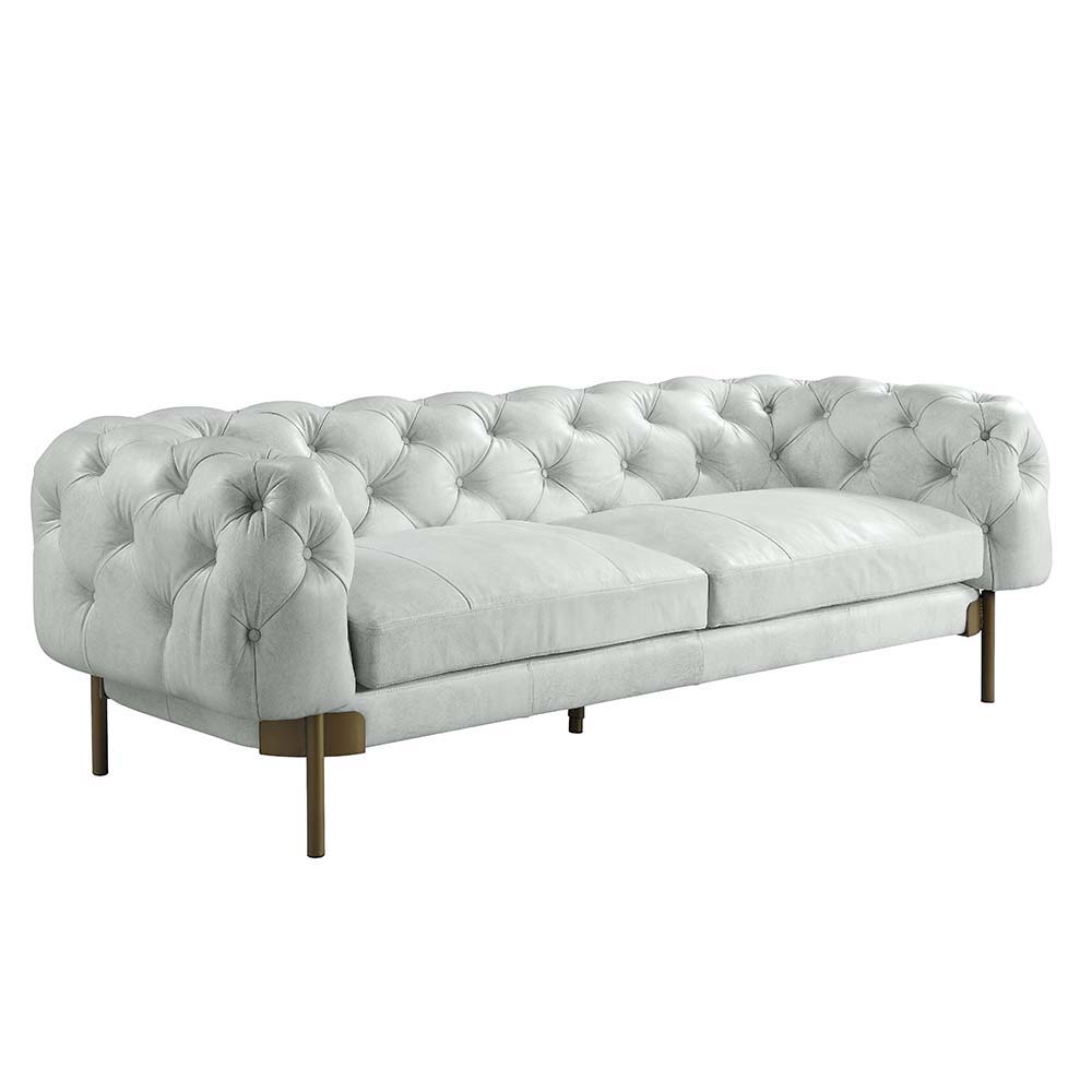 This Ragle chesterfield sofa brings both modern and impressive style to your living space with luxurious Vintage White top grain leather upholstery. Diamond-tufted backrest to smooth and extremely comfortable high-density full foam cushions for a seating 