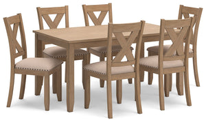 Show off your taste for charmingly curated style with this dining table set. Mastering modern farmhouse flair, the clean-lined design sports neutral seats punctuated by nailhead trim. A light, natural finish inspires delightfully carefree dining.<br><br><