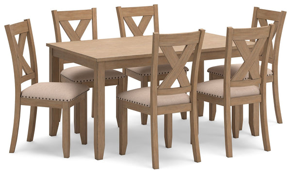 Show off your taste for charmingly curated style with this dining table set. Mastering modern farmhouse flair, the clean-lined design sports neutral seats punctuated by nailhead trim. A light, natural finish inspires delightfully carefree dining.<br><br><