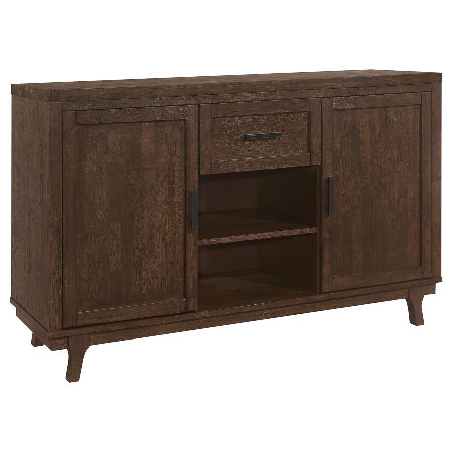 Enhance your dining area with our farmhouse and craftsman design dining server. Crafted from solid Asian hardwood, this server features a durable wire brushed brown oak finish, adding a rustic touch to your dÃ©cor. It offers functionality with its two doo