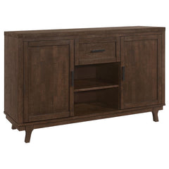 Enhance your dining area with our farmhouse and craftsman design dining server. Crafted from solid Asian hardwood, this server features a durable wire brushed brown oak finish, adding a rustic touch to your dÃ©cor. It offers functionality with its two doo