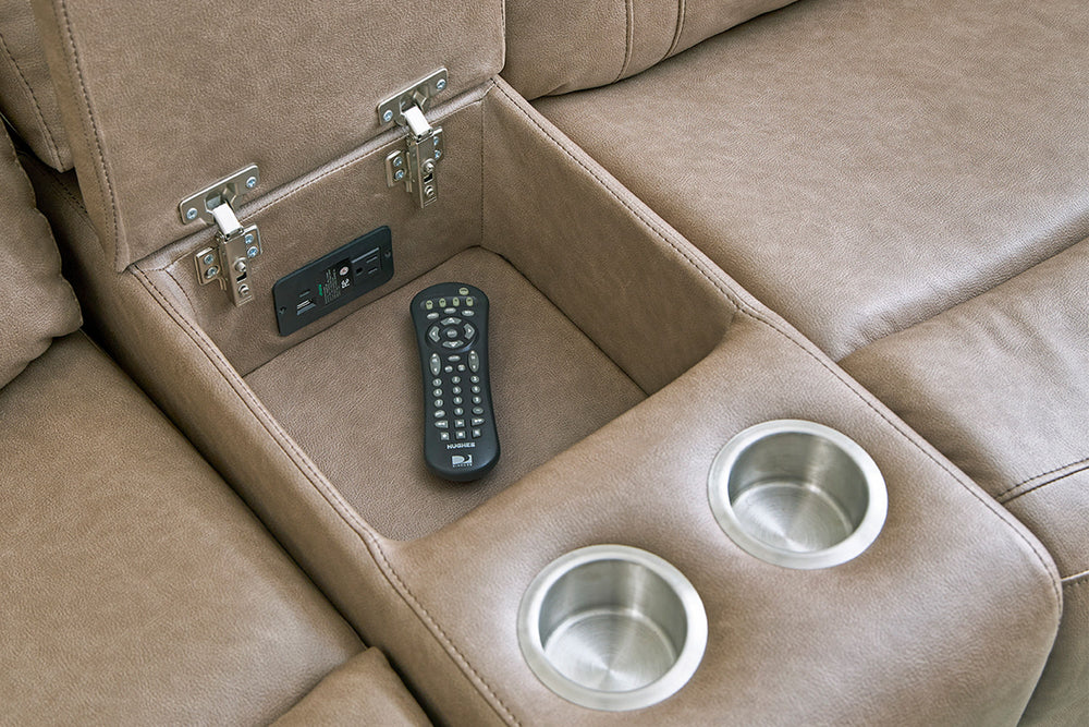The generously sized six-piece Theon Sectional features easy-to-operate latches for reclining, a power center seat with the center-back doubling into a pull-down console table outfitted with cup holders. Theon-'s contoured bucket-style seats combine with 