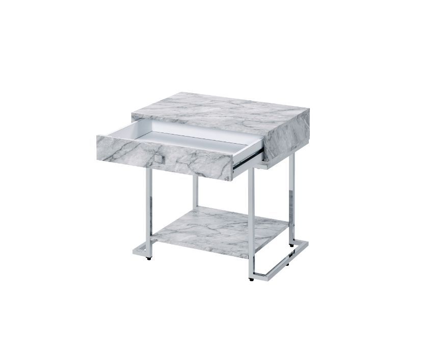 KD Rectangular Accent Table 1 Storage Drawer & 1 Open Storage Compartment Side Metal Drawer Glide 1/2 Extension Drawer Glide Table Top Thickness: 1-"<br/><br/><b>Product Features</b><ul><li>Case: 1Pc/1Ctn</li><li>Finish: White Printed Faux Marble & Chrome