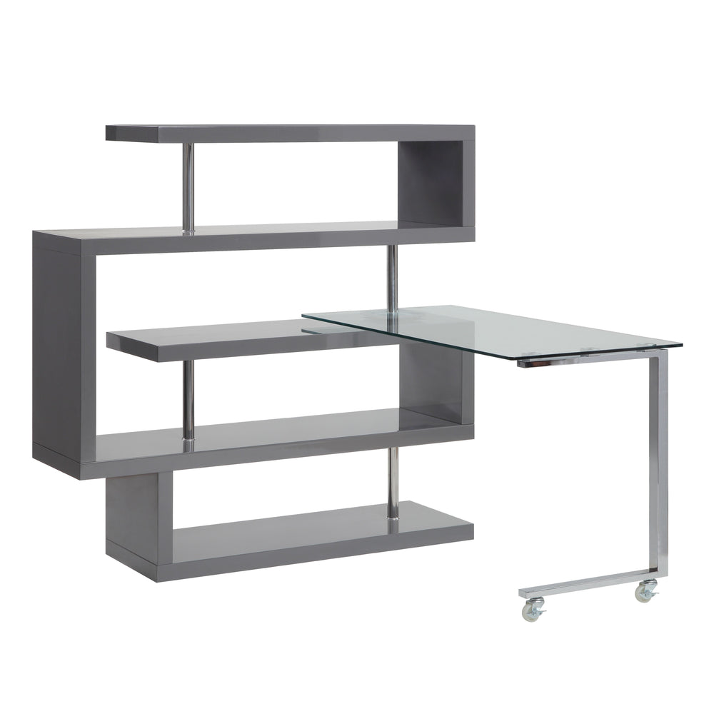 Writing Desk w/Swivel Function 360 Open Storage: 4 Shelves Clear Glass Desk Top High Gloss Finish 2 Wheels Included<br/><br/><b>Product Features</b><ul><li>riting Desk w/Swivel Function 360â°â€§ Open Storage: 4 Shelves â€§ Clear Glass Desk Topâ€§ High Gl