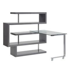 Writing Desk w/Swivel Function 360 Open Storage: 4 Shelves Clear Glass Desk Top High Gloss Finish 2 Wheels Included<br/><br/><b>Product Features</b><ul><li>riting Desk w/Swivel Function 360â°â€§ Open Storage: 4 Shelves â€§ Clear Glass Desk Topâ€§ High Gl