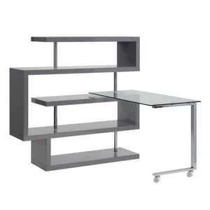 Writing Desk w/Swivel Function 360 Open Storage: 4 Shelves Clear Glass Desk Top High Gloss Finish 2 Wheels Included<br/><br/><b>Product Features</b><ul><li>riting Desk w/Swivel Function 360â°â€§ Open Storage: 4 Shelves â€§ Clear Glass Desk Topâ€§ High Gl