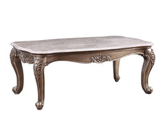 Rectangular Coffee Table â€¢ NO Storage â€¢ Marble Top â€¢ Wooden Frame with Raised Scrolled Trim and Floral Motifs (Vintage Hand-Brush Finish) â€¢ Queen Anne Leg<br/><br/><b>Product Features</b><ul><li>Exclusive Design</li><li>Occasional Tables</li><li>M