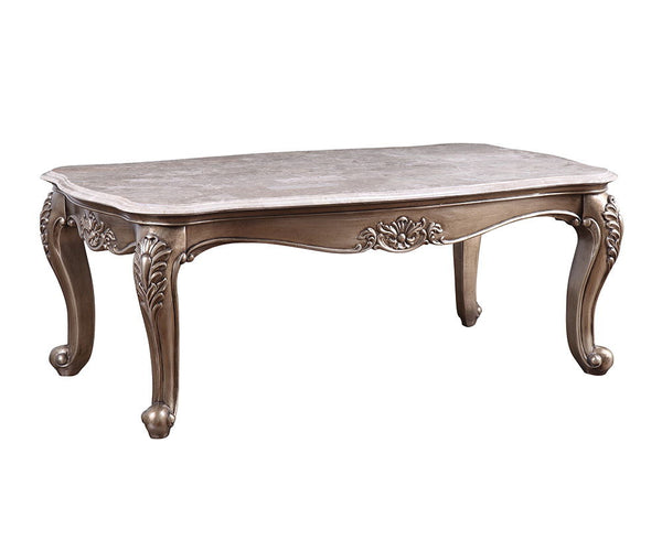 Rectangular Coffee Table â€¢ NO Storage â€¢ Marble Top â€¢ Wooden Frame with Raised Scrolled Trim and Floral Motifs (Vintage Hand-Brush Finish) â€¢ Queen Anne Leg<br/><br/><b>Product Features</b><ul><li>Exclusive Design</li><li>Occasional Tables</li><li>M