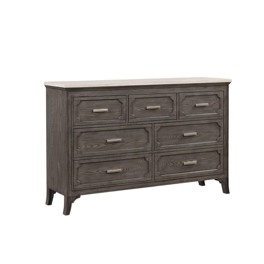Add a touch of luxury to your bedroom with the Lisbon Marble Top Dresser in Gray. Crafted from Acacia solid wood and eco-friendly embossed oak laminate, this dresser ensures lasting strength and durability. Its multi-step gray finish enhances the natural 
