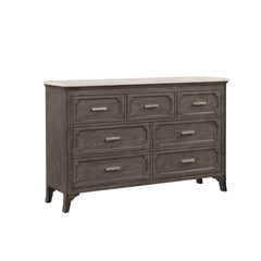 Add a touch of luxury to your bedroom with the Lisbon Marble Top Dresser in Gray. Crafted from Acacia solid wood and eco-friendly embossed oak laminate, this dresser ensures lasting strength and durability. Its multi-step gray finish enhances the natural 