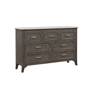 Add a touch of luxury to your bedroom with the Lisbon Marble Top Dresser in Gray. Crafted from Acacia solid wood and eco-friendly embossed oak laminate, this dresser ensures lasting strength and durability. Its multi-step gray finish enhances the natural 