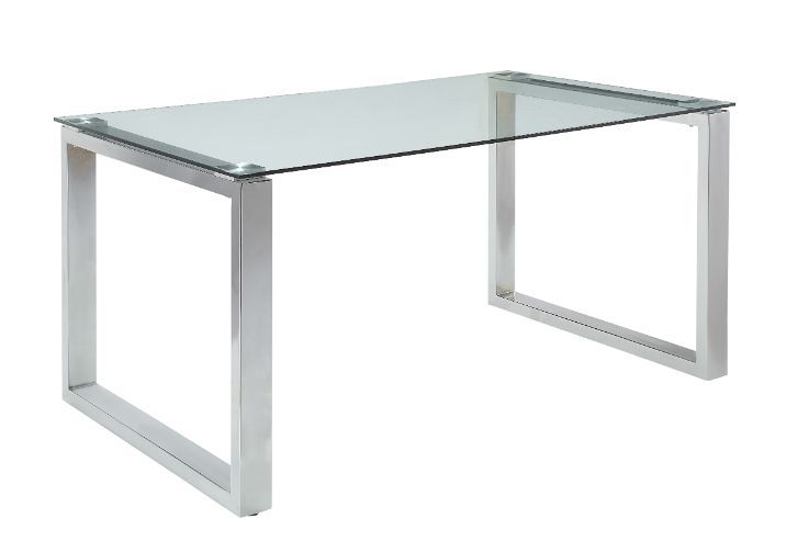 Transform your dining room into a modern space with the Abraham dining table. The clear glass top and chrome base are a perfect pairing. The glass top creates the illusion of a bigger space, and the chrome sled base gives off a sleek contemporary touch. W