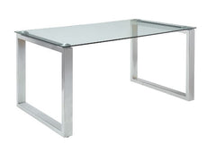 Transform your dining room into a modern space with the Abraham dining table. The clear glass top and chrome base are a perfect pairing. The glass top creates the illusion of a bigger space, and the chrome sled base gives off a sleek contemporary touch. W