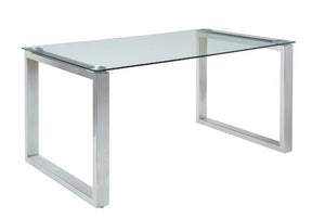 Transform your dining room into a modern space with the Abraham dining table. The clear glass top and chrome base are a perfect pairing. The glass top creates the illusion of a bigger space, and the chrome sled base gives off a sleek contemporary touch. W