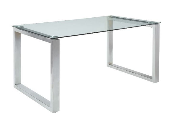 Transform your dining room into a modern space with the Abraham dining table. The clear glass top and chrome base are a perfect pairing. The glass top creates the illusion of a bigger space, and the chrome sled base gives off a sleek contemporary touch. W