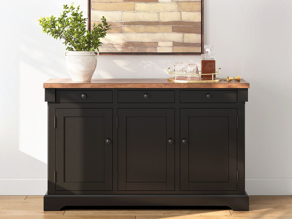 Raise the bar on modern farmhouse style with this dining buffet. Its handsome good looks are accentuated with a two-tone finish and a casual butcher block veneer top. The sturdy silhouette adds a hearty element, whether your style is vintage, country or e