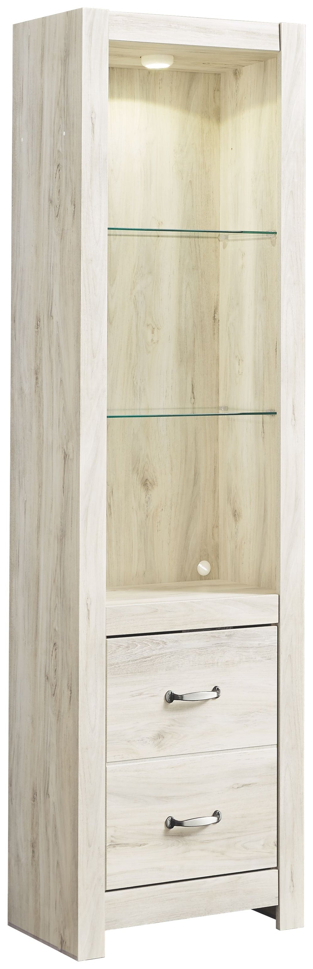 Express your farmhouse style with this TV pier. Its wispy white finish over replicated oak wood grain is a delightful change from the ordinary. Clean-lined styling gives the country chic aesthetic a fresh, contemporary appeal. The reversible door can open
