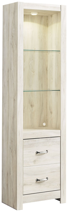 Express your farmhouse style with this TV pier. Its wispy white finish over replicated oak wood grain is a delightful change from the ordinary. Clean-lined styling gives the country chic aesthetic a fresh, contemporary appeal. The reversible door can open