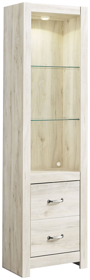 Express your farmhouse style with this TV pier. Its wispy white finish over replicated oak wood grain is a delightful change from the ordinary. Clean-lined styling gives the country chic aesthetic a fresh, contemporary appeal. The reversible door can open
