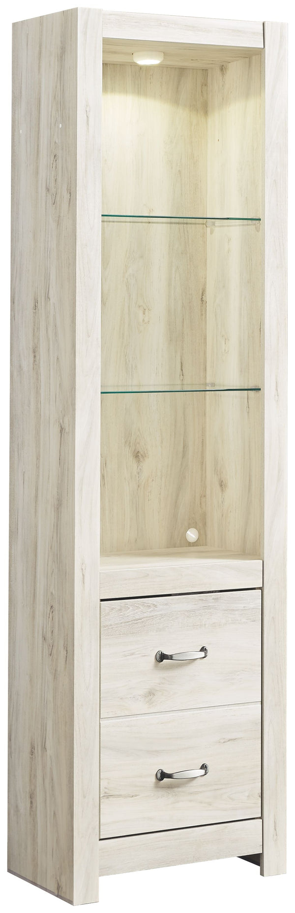 Express your farmhouse style with this TV pier. Its wispy white finish over replicated oak wood grain is a delightful change from the ordinary. Clean-lined styling gives the country chic aesthetic a fresh, contemporary appeal. The reversible door can open