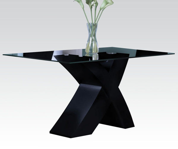 KD, Rectangular Pedestal Table NO Storage Glass Top: 10mm Clear Tempered, Fixed Top (NO Extension Included) High Gloss Pedestal CONSTRUCTION Glass Top: Glass Top: 10mm Clear Tempered Glass w/25mm Beveled Edge Pedestal -"X-" Shape: High Gloss Finish<br/><b
