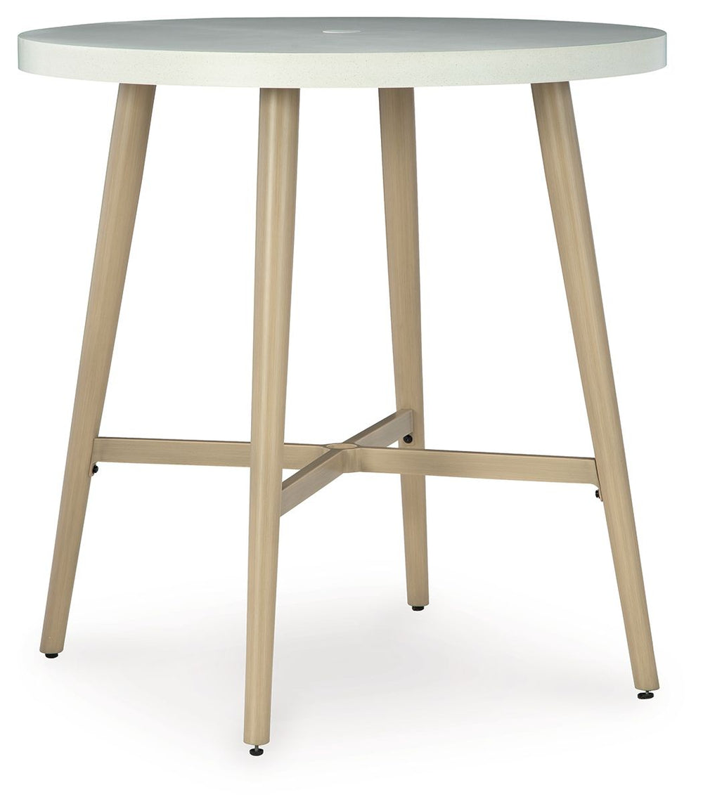 This bar table invites your casual contemporary style outdoors. With an elegant sintered stone top, it expertly marries refined design with durability. At this table, breezy summer mornings and cold winter nights are made all the more enjoyable.<br><br><b