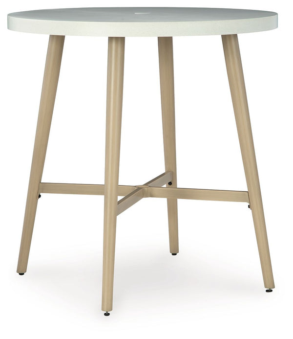 This bar table invites your casual contemporary style outdoors. With an elegant sintered stone top, it expertly marries refined design with durability. At this table, breezy summer mornings and cold winter nights are made all the more enjoyable.<br><br><b