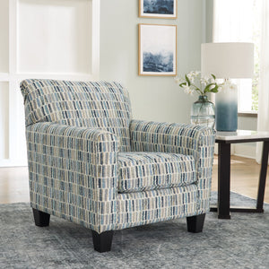  its colorful geometric upholstery is a forward-thinking take on cool hues. This simple